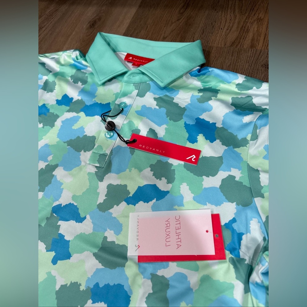 NWT Redvanly Golf Dawson Polo Beach Camo Pool Logo Graphic S/S Polo Men Sz L